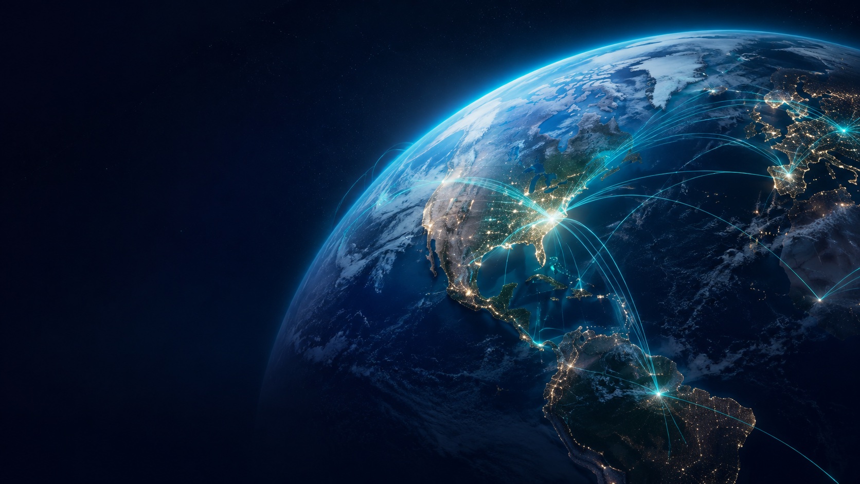Futuristic Earth with luminous connections linking North America and global cities